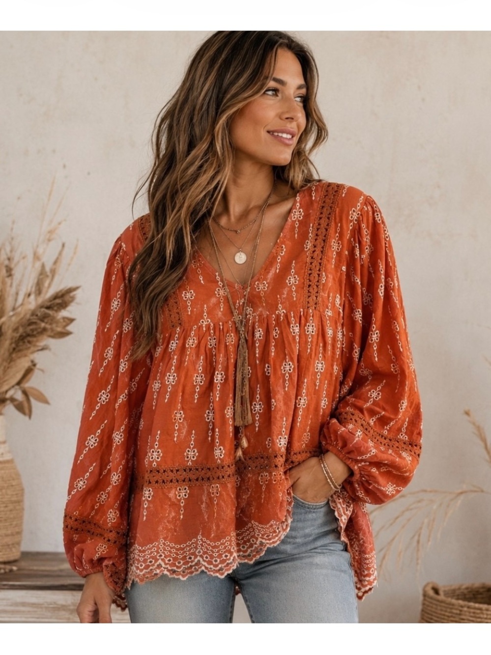 American Eagle Outfitters Rust Orange Tunic with White Embroidery